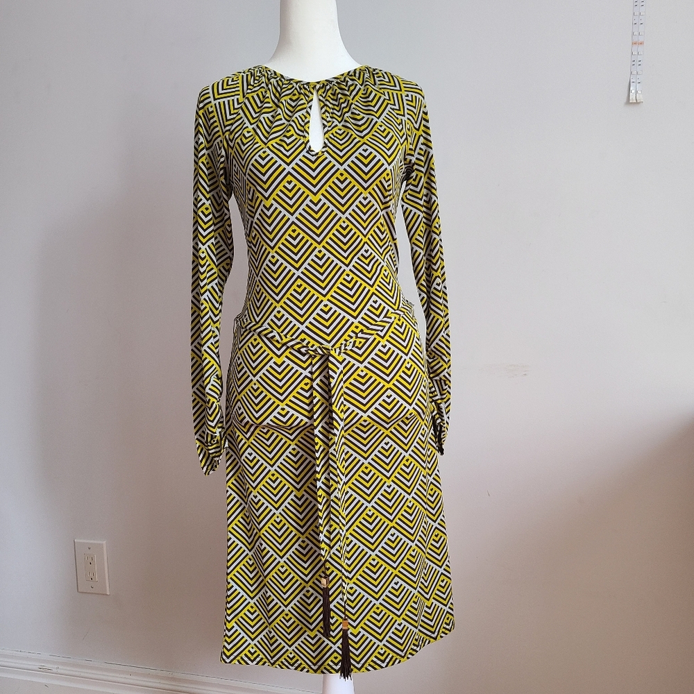 BCBG Max Azria Geometric Patterned Yellow and Brown Dress XS NWOT